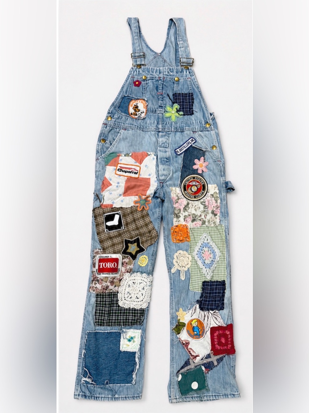 RILEY VINTAGE FREE PEOPLE ECLECTIC PATCHES PATCH DENIM JEANS OVERALLS SZ S